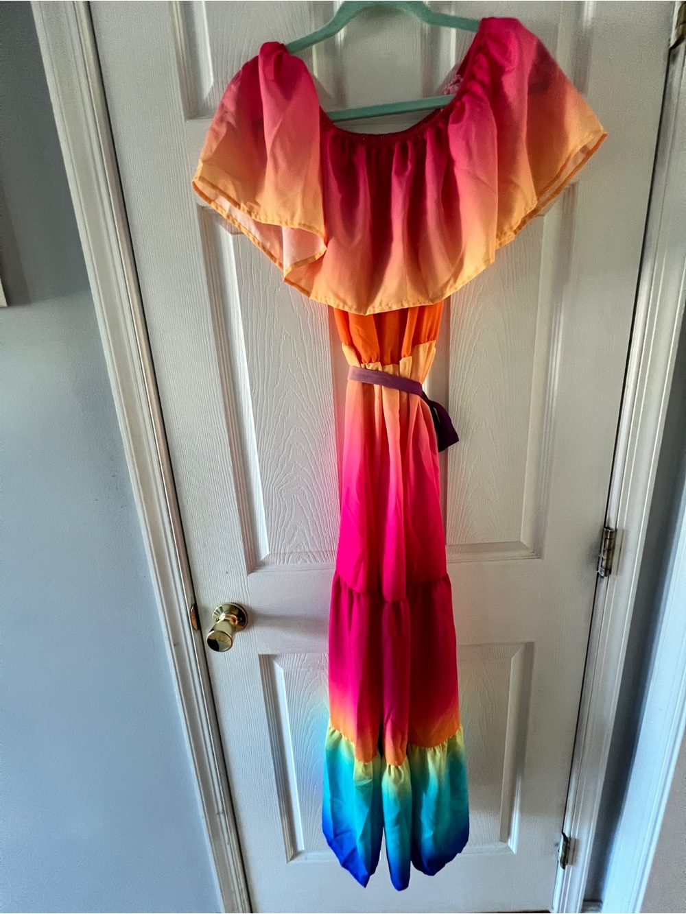 Ombre Maxi Dress with Ruffle Neckline in Pink and Orange